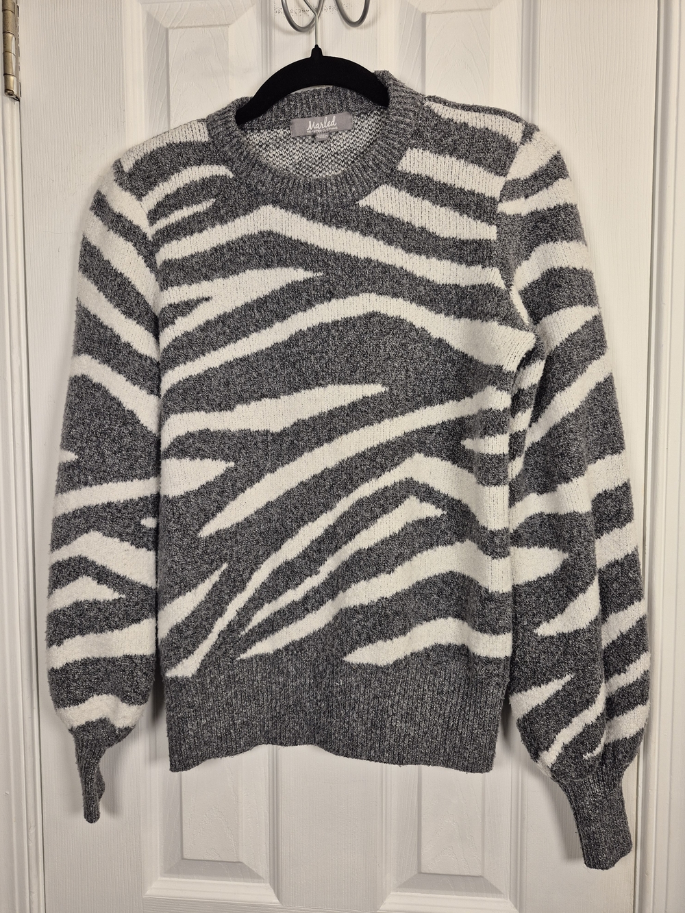 Marled Reunited Clothing Zebra Print Balloon Sleeve Sweater Grey White Size XS